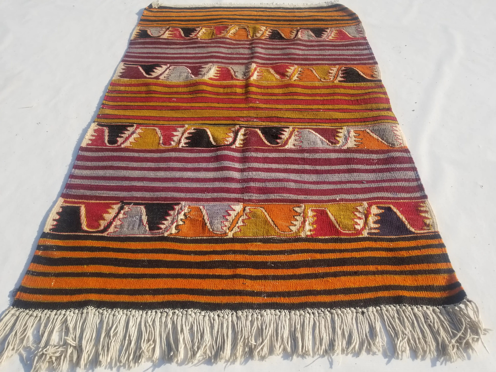 Vintage Traditional Handmade Anatolian Wool Mustard Kilim 4.2x2.9ft