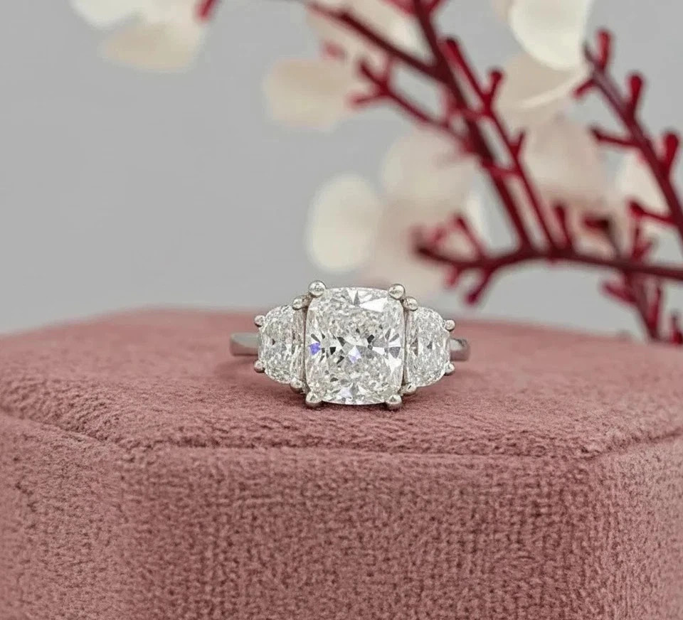 4Ct Cushion Cut E/VS1 Lab Grown Diamond 14k White Gold Three Stone Wedding Ring