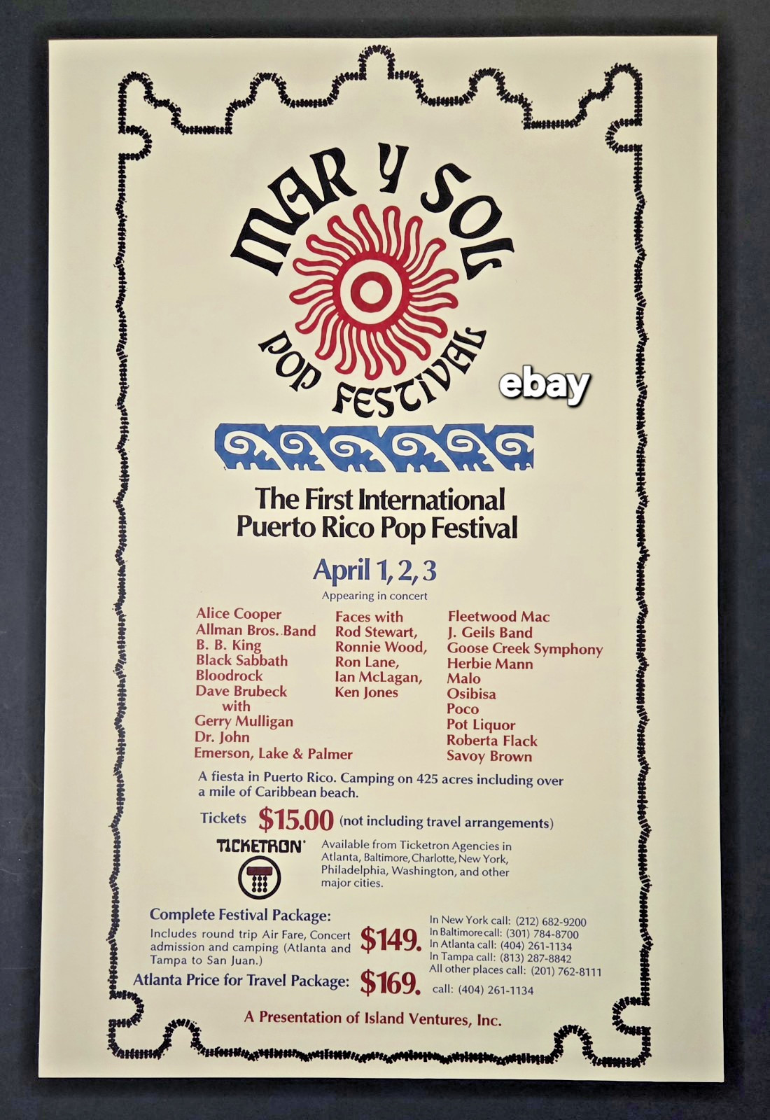 1972 MAR Y SOL POP FESTIVAL POSTER 1st International Puerto Rico  11 x 17\