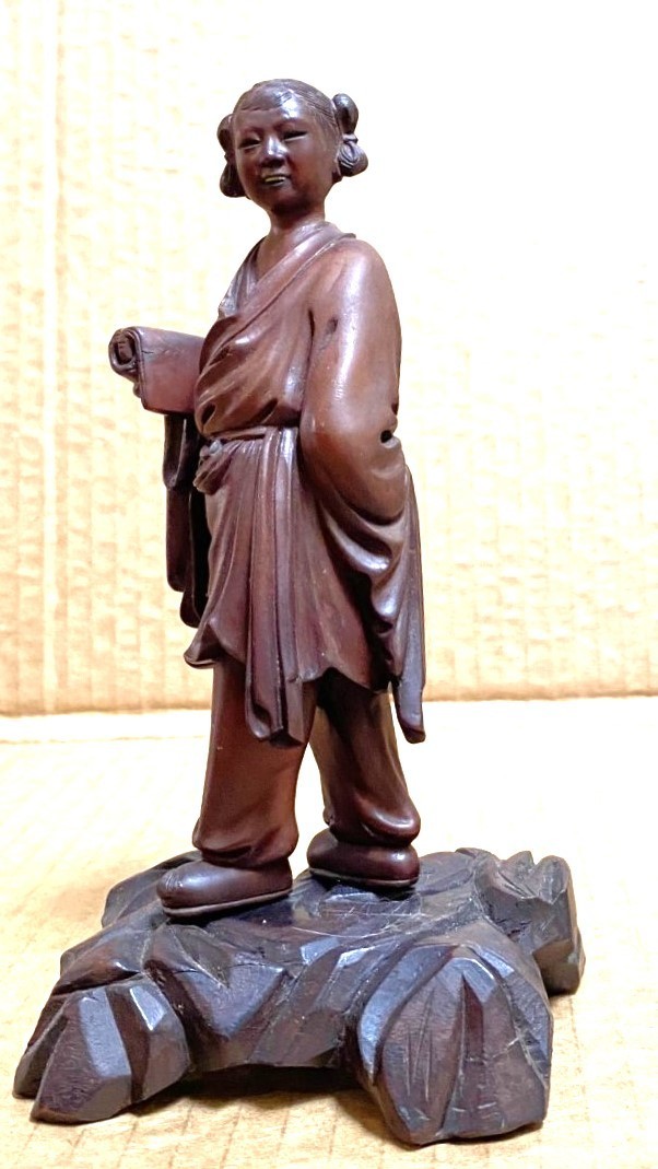 LAN CAIHE, CHINESE IMMORTAL, VINTAGE HAND CARVED WOOD FIGURINE ON BASE, CHINA