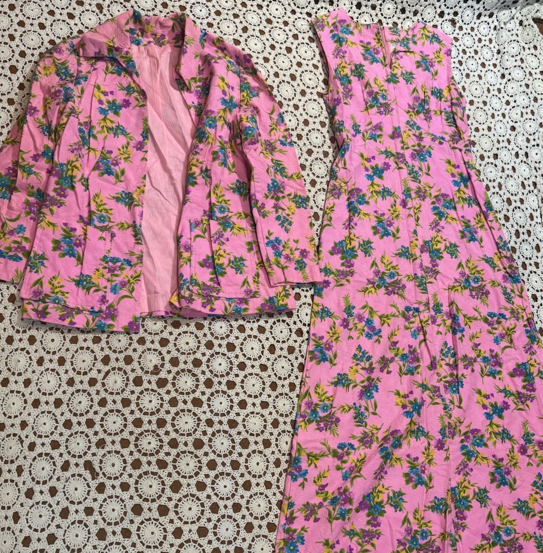 Vintage 60s 70s Pink Floral Dress & Blazer Jacket Set Hippie Boho Classic Vintage 60s 70s Pink Floral Dress & Blazer Jacket Set Hippie Boho Classic