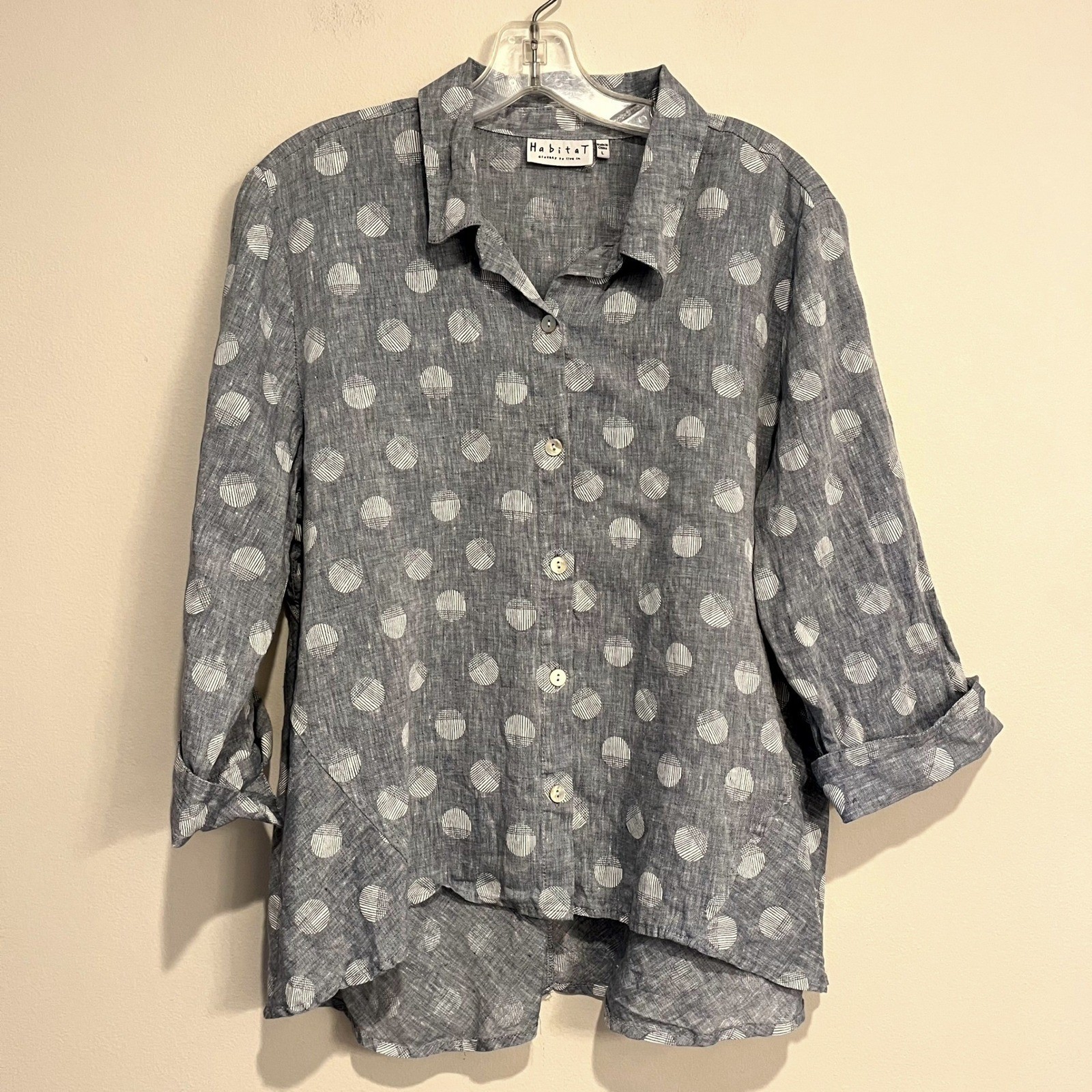 Habitat Blouse Button Down Shirt Blue Polka Dot 100% Linen Flax Size L