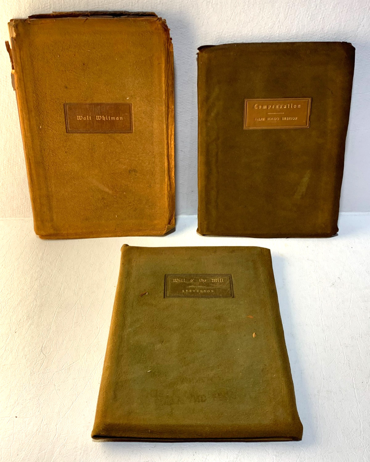 Lot of 3 antique Roycroft books very worn Whitman, Emerson, Arts & Crafts era