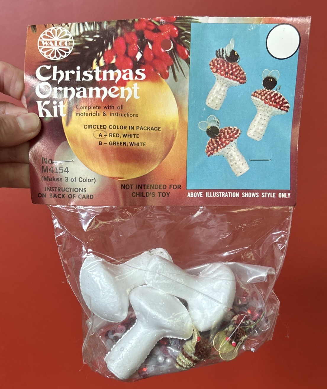 NOS 1974 Walco Holiday Red Mushrooms Bees Sequin Bead Christmas Ornament Kit NOS 1974 Walco Holiday Red Mushrooms Bees Sequin Bead Christmas Ornament Kit
