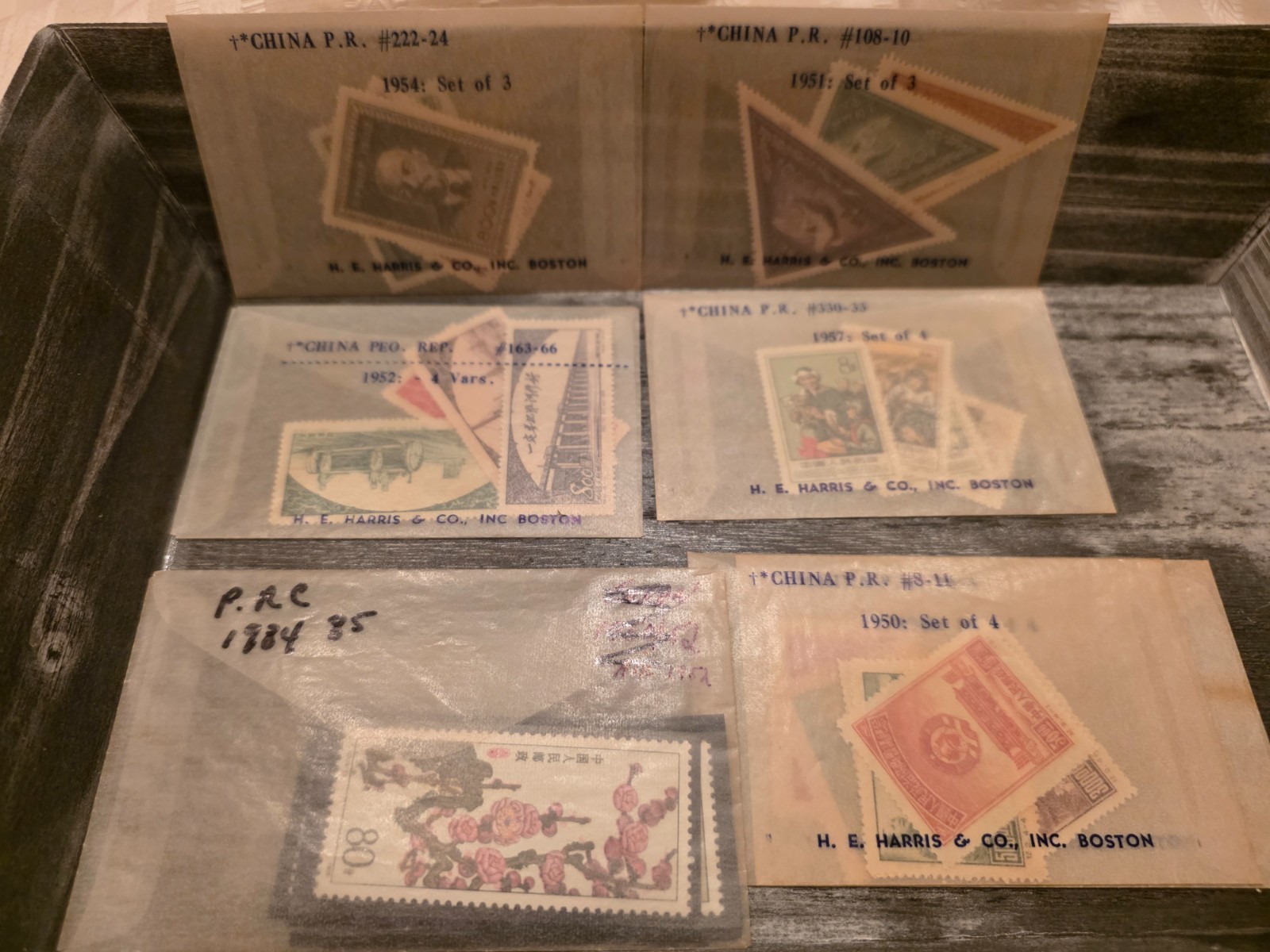 SIX  Chinese Stamp SETS - 5 from the 1950\'s in Original H.E. Harris Envelopes