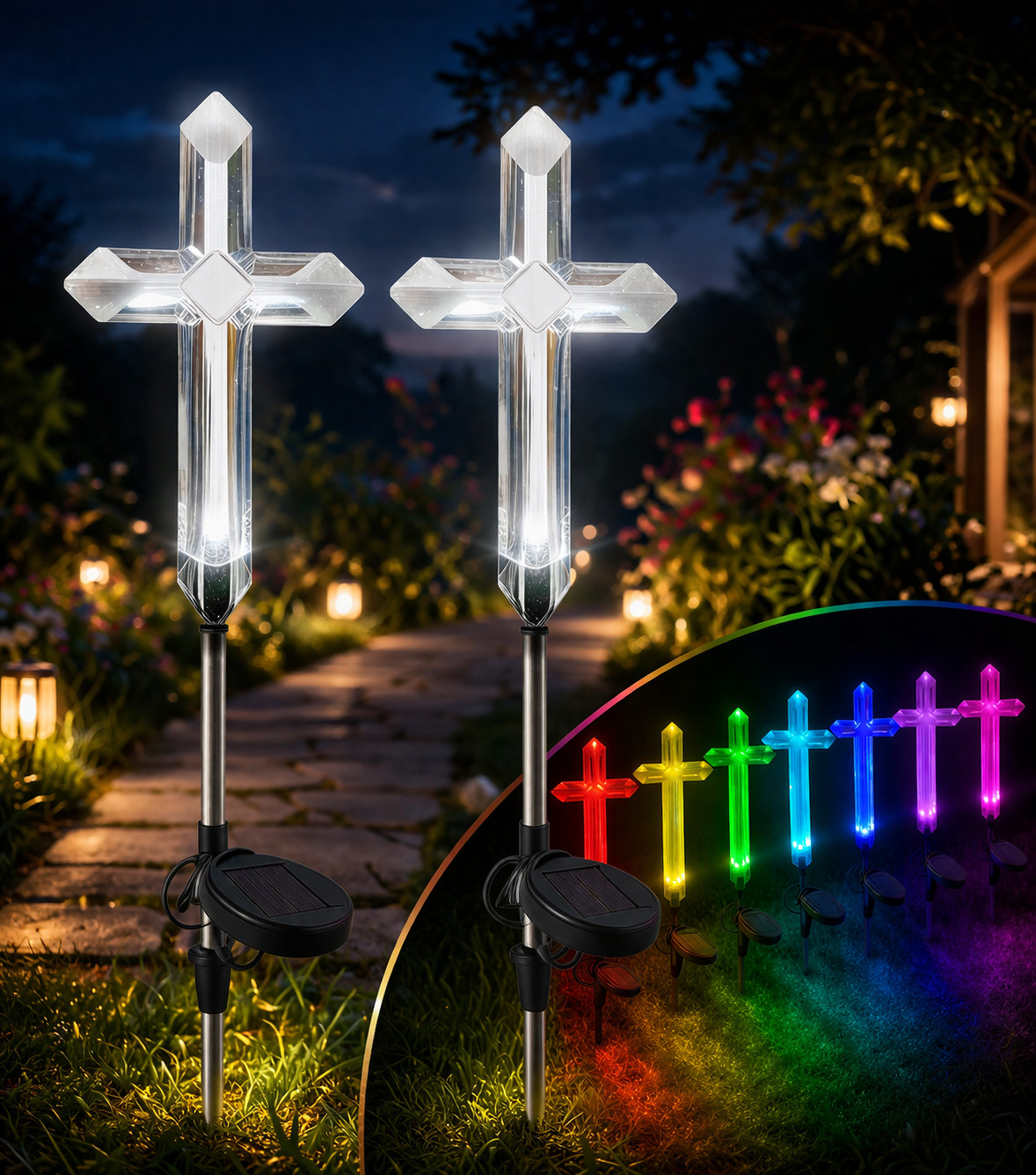 2 Pack Solar Cross Garden Stake, Color Changing LED Pathway Light – (2 CROSS)