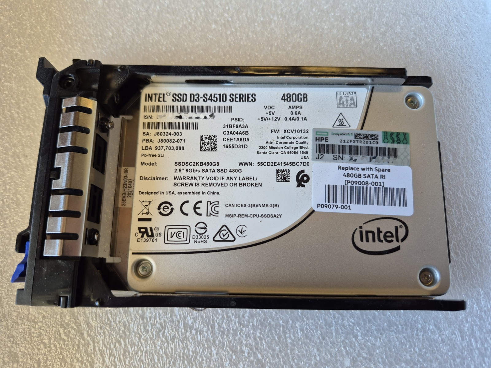 SSDSC2KB480G8 Intel 480GB 2.5″ SATA 6G SSD D3 S4510, HPE P09008-001, 100% Health