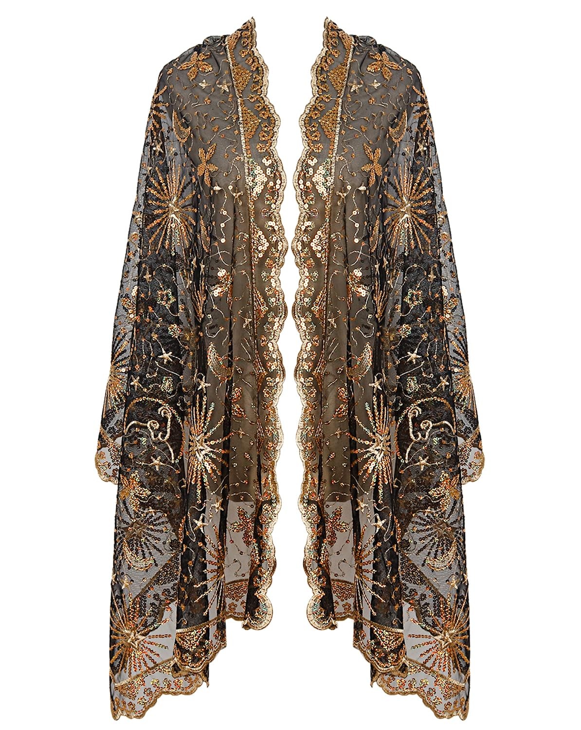 Women\'s Glittering 1920s Scarf Mesh Sequin Wedding Cape Fringed Evening Shawl...