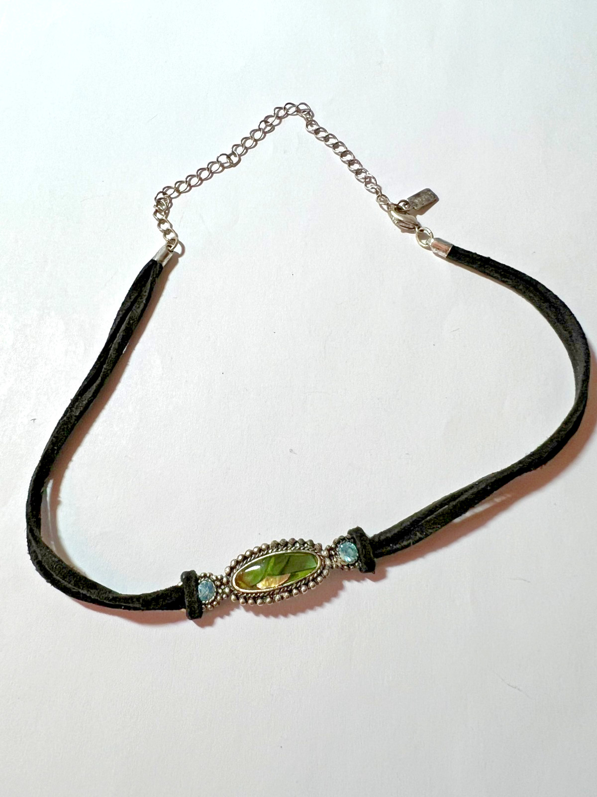 VTG 1928 Jewelry Co Y2K Black Cord Choker Ornate Silver Green Marquise Necklace VTG 1928 Jewelry Co Y2K Black Cord Choker Ornate Silver Green Marquise Necklace