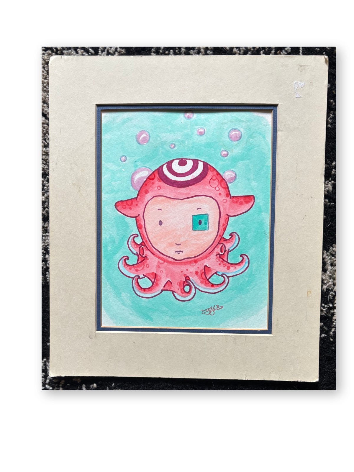 Longer Original Watercolor Painting Octopus Boy Signed Ink Matted Surreal Pop Ar