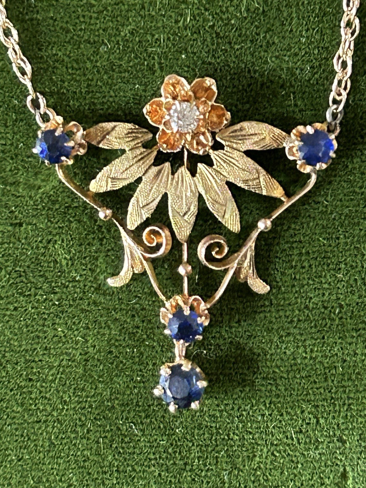 Diamond Sapphire 14K Gold Antique Art Nouveau Edwardian Necklace Diamond Sapphire 14K Gold Antique Art Nouveau Edwardian Necklace