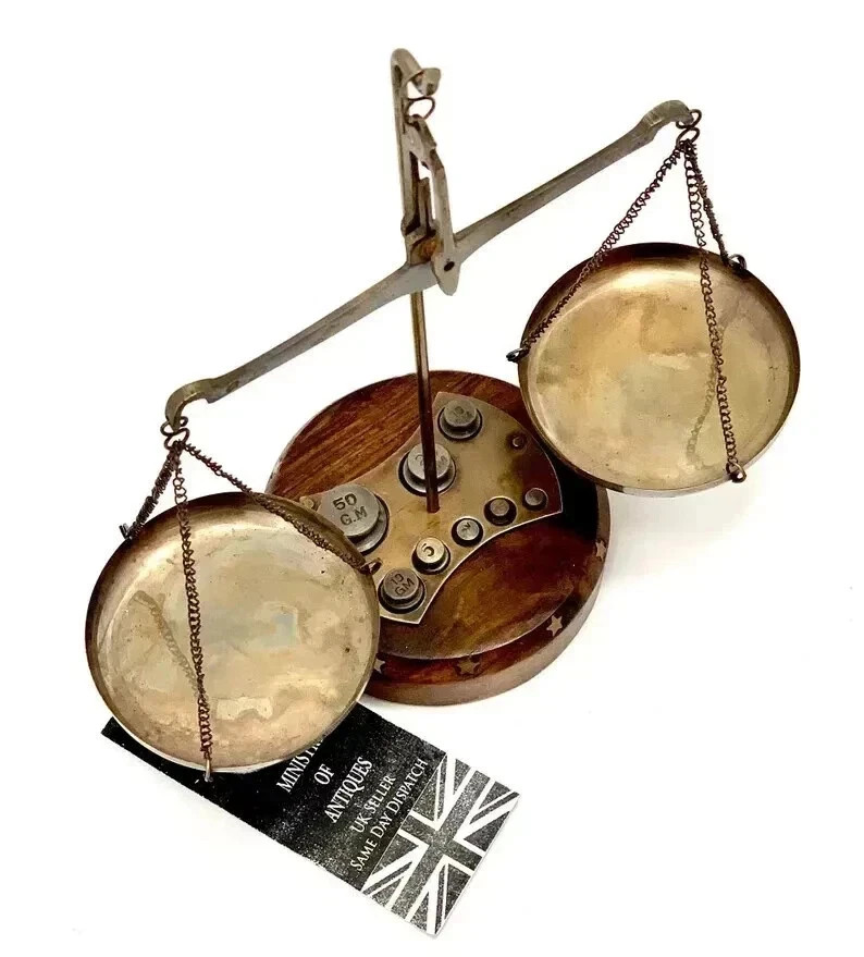 Vintage Antique Brass Scale of Justice Balance with Brass 8 Weights Set Gift