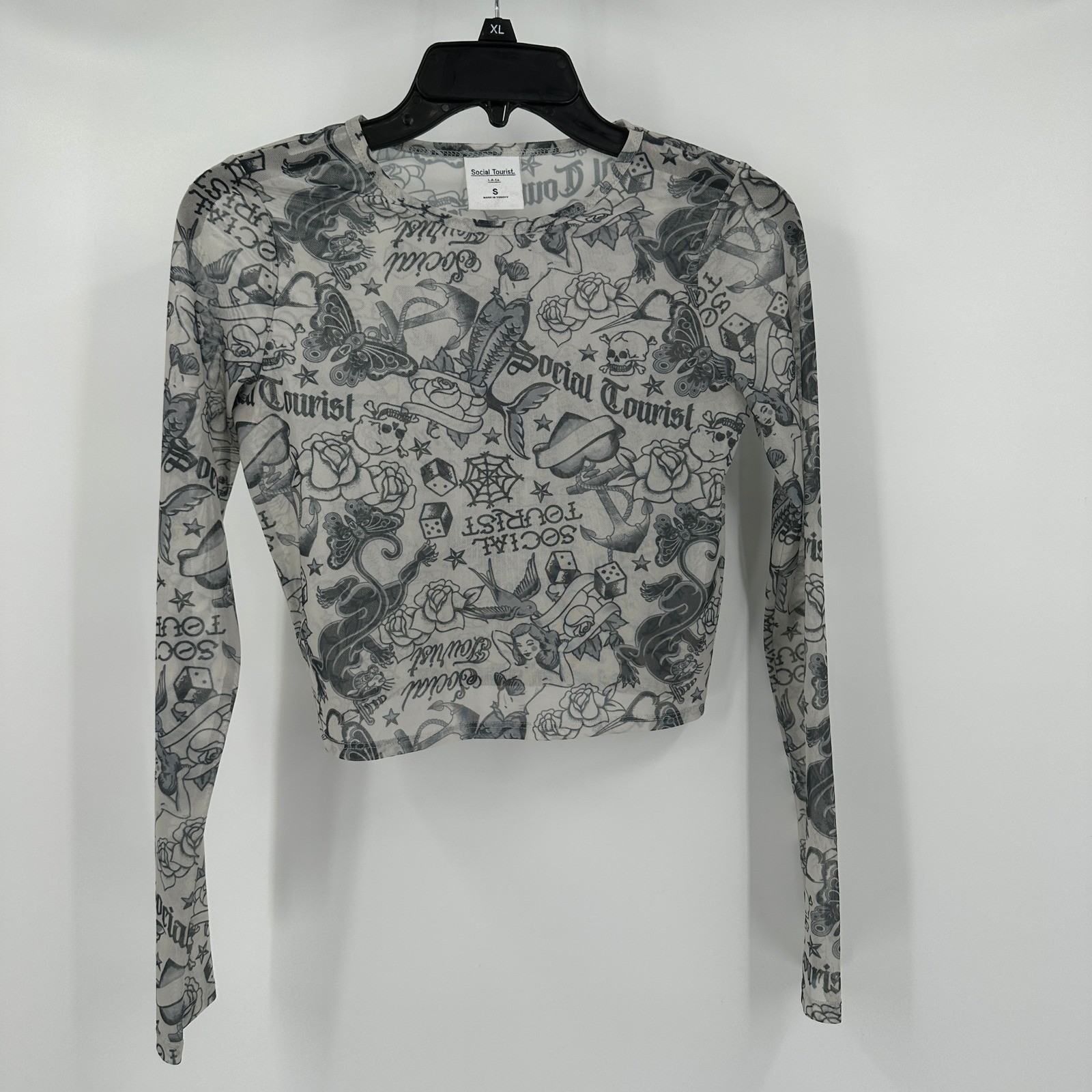 Social Tourist Womens Y2K Tattoo Print Mesh Crop Top Size S Goth Punk Alt Indie