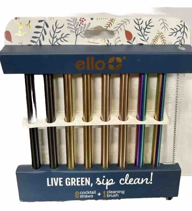 Ello Live Green, Sip Clean 8 Cocktail Straws 1 Cleaning Brush Reusable Metallic