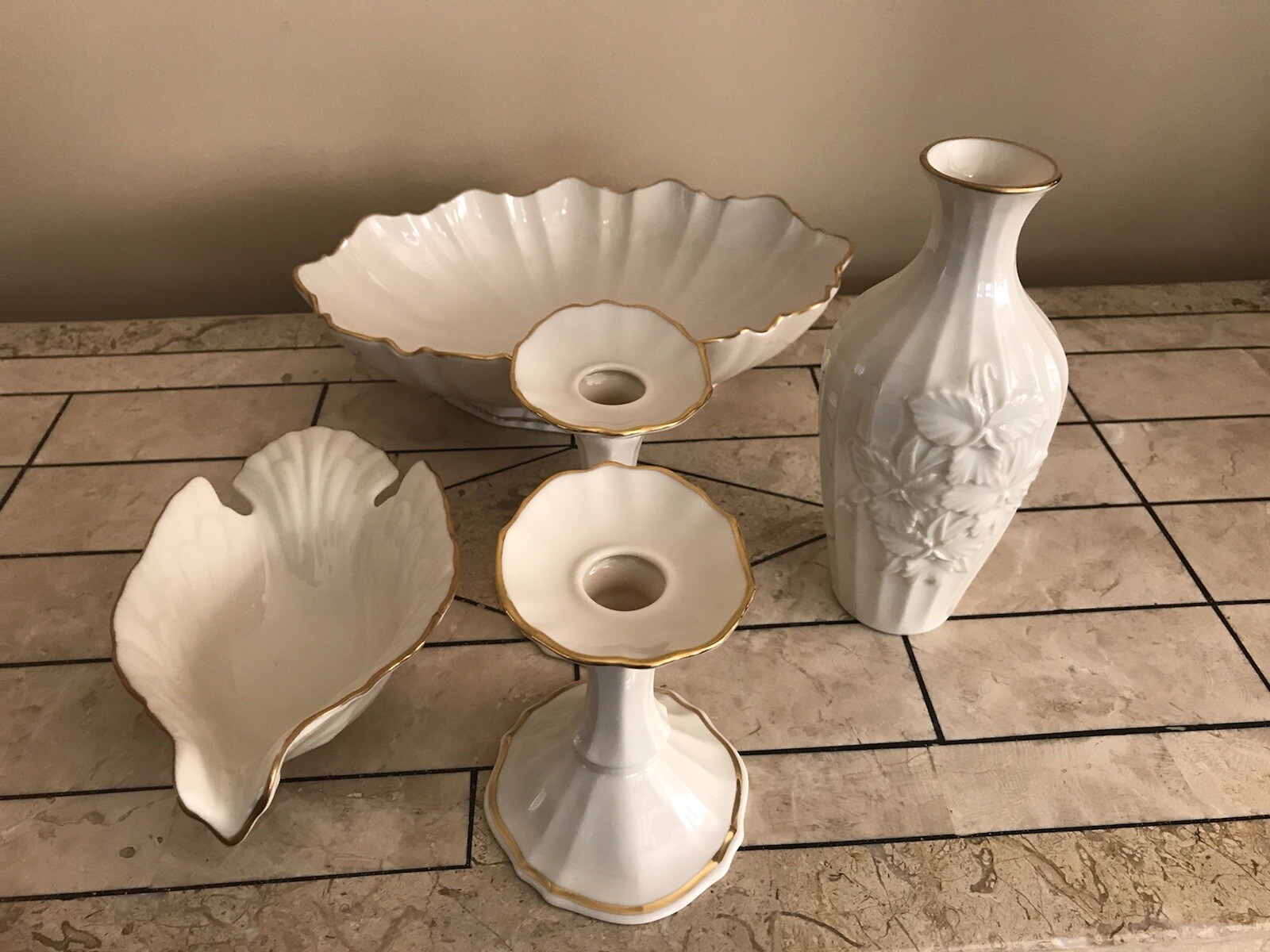 6pc Lenox Ivory Gold Trim Lot: Vase, Candlesticks, Symphony Bowl, Dove Dish