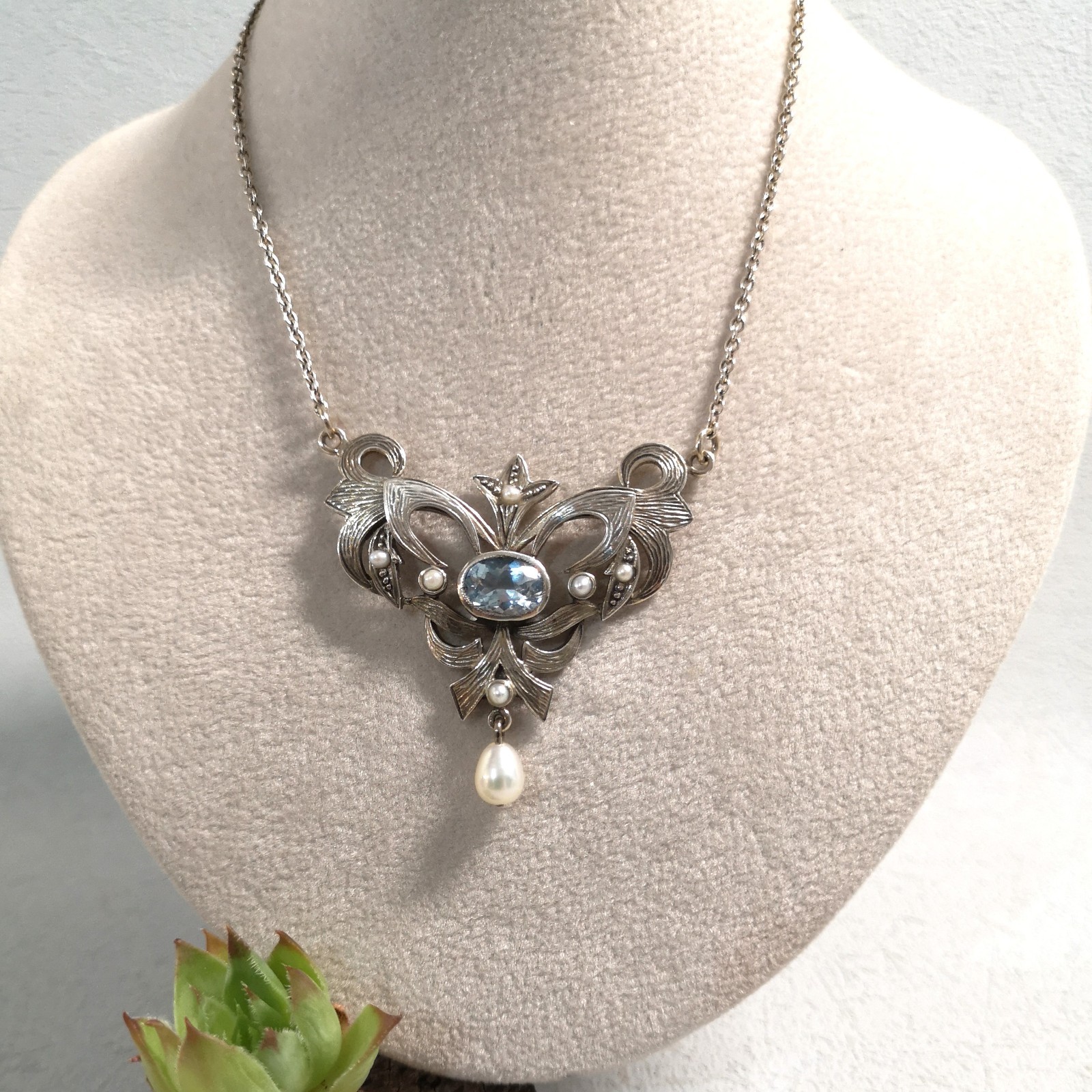 Art Nouveau aqua jewelry necklace aquamarine bow vintage antique silver 925/-