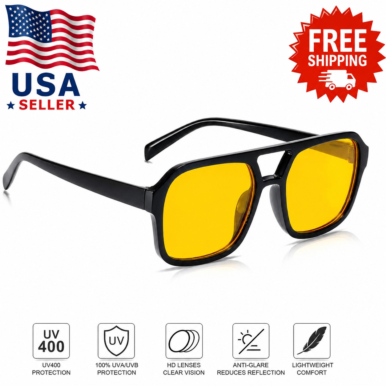Oversized Aviator Sunglasses Men Women Orange Lens Retro 70s Vintage UV 