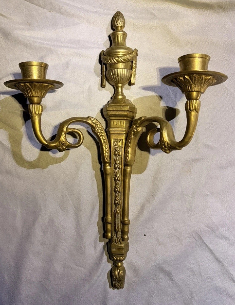 Vintage French Louis XVI Style Brass Wall Sconce Ornate Urn Double Arm 2-Light