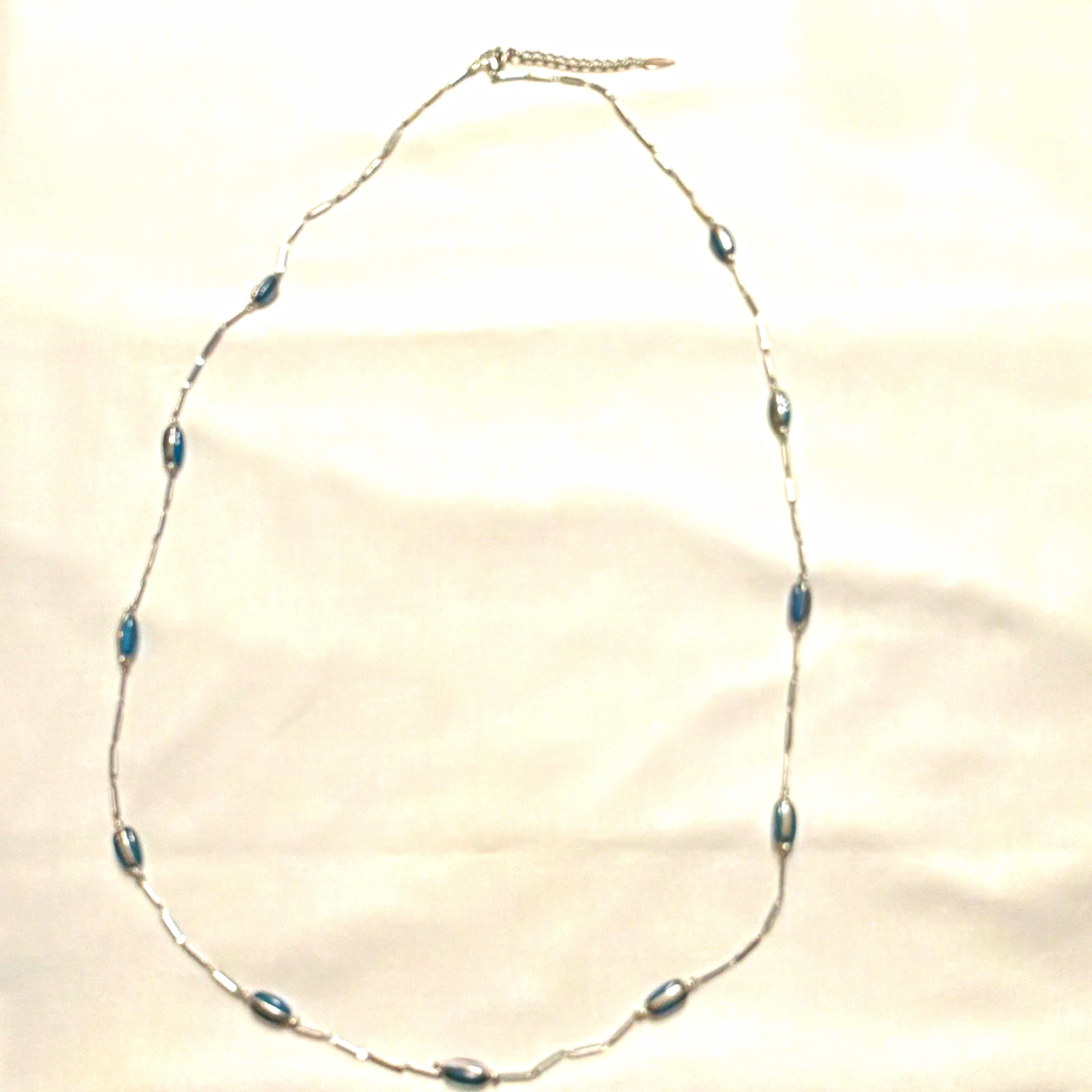 Coldwater Creek Silver Tone Station Oval Link Necklace Blue Oval Stones 48” long