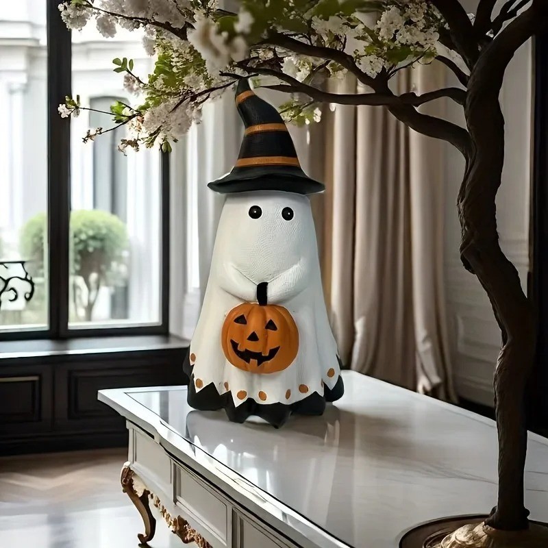 Halloween Ghost Holding Pumpkin Statue – Resin Spooky Witch Hat Decor Figurine