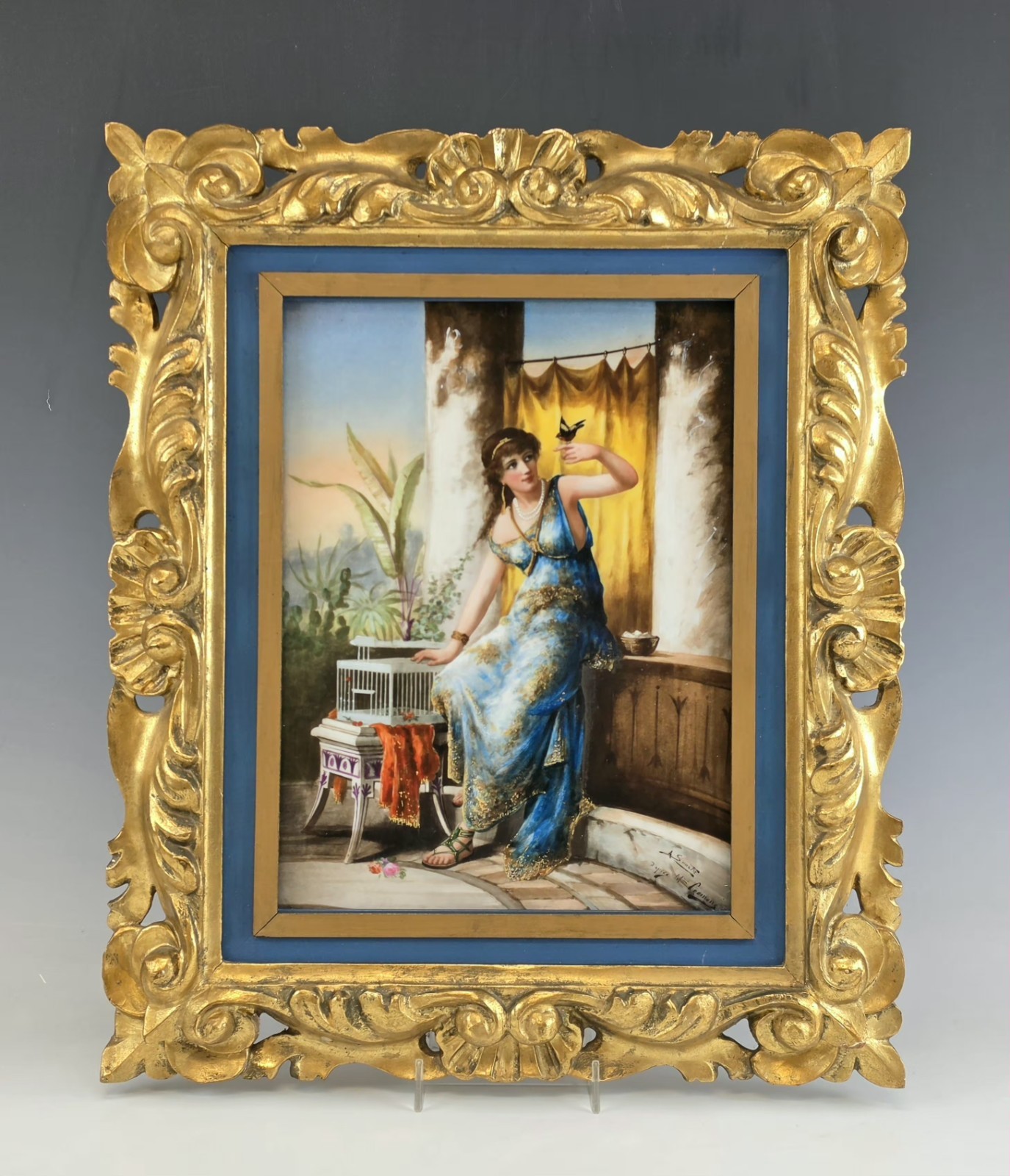 Antique French 19th C Porcelain Plaque A. Soustre After Diana Coomans Gilt Frame
