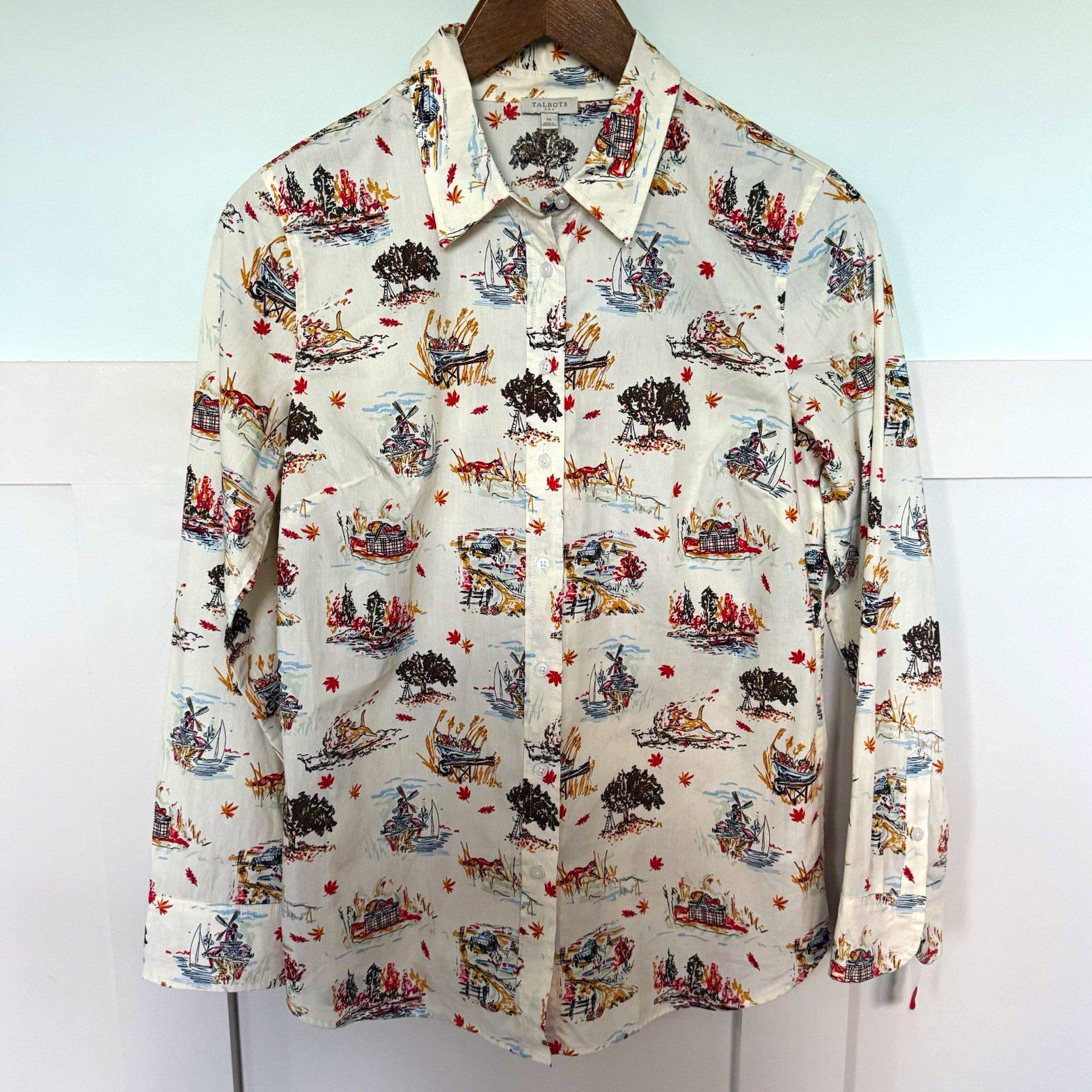 Talbots Button-Up Shirt Women’s M White Scenic Print Collared Long Sleeve Cotton