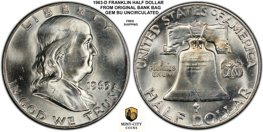 1963-D FRANKLIN HALF DOLLAR FBL FROM ORIGINAL BANK BAG GEM BU MS UNC