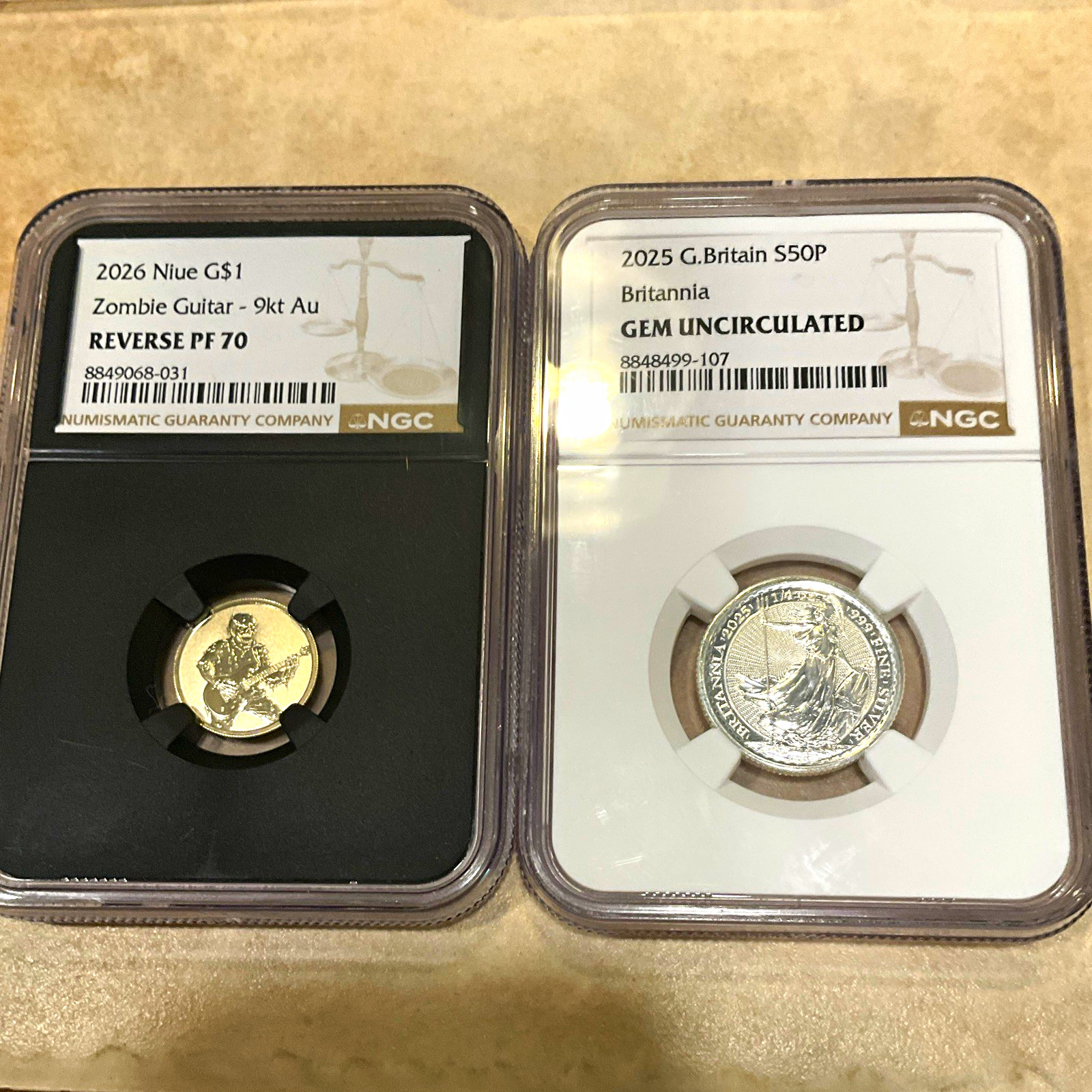 Modern Premium Coin Lot: 2026 Niue Gold Zombie Guitar PF70 + 2025 Britannia 50p