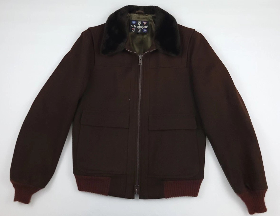 Vintage 80s Stratojac Heavy Wool Lined Fur Collar Bomber Jacket Rare Brown 42