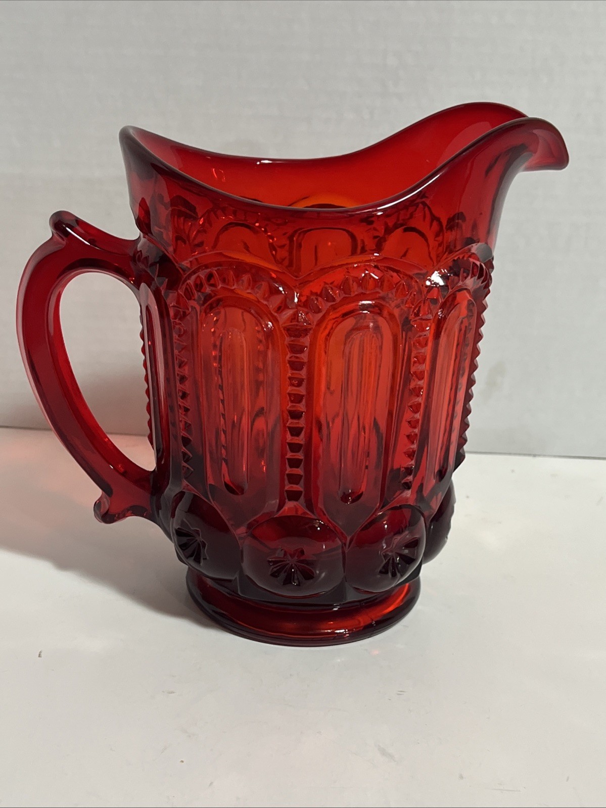 Moon & Stars Pattern Glass Ruby Red Water Pitcher LG Wright Vintage Rare UV Glow