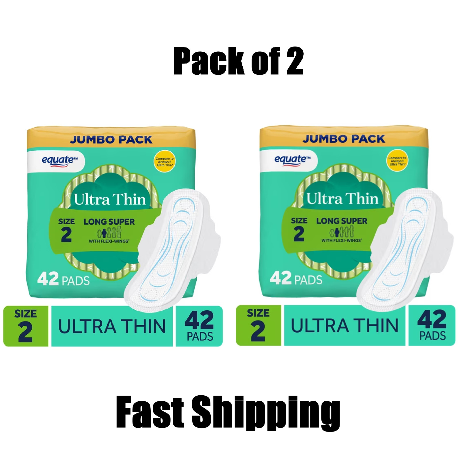 Equate Ultra Thin Pads with Wings, Size 2, Long, 42 Ct 2 Pack