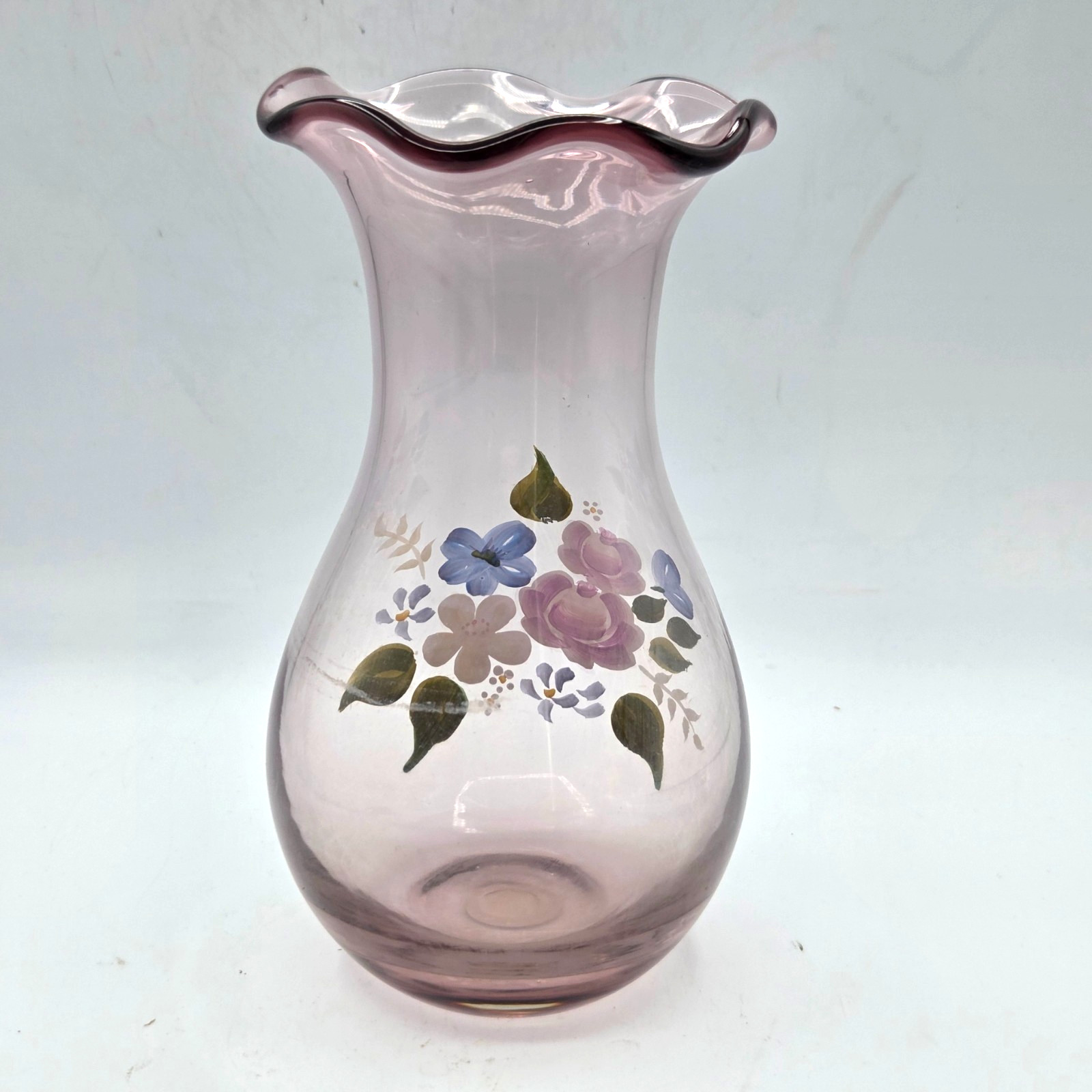Fenton Light Amethyst Blown Glass Hand Painted Floral 8\ Fenton Light Amethyst Blown Glass Hand Painted Floral 8\
