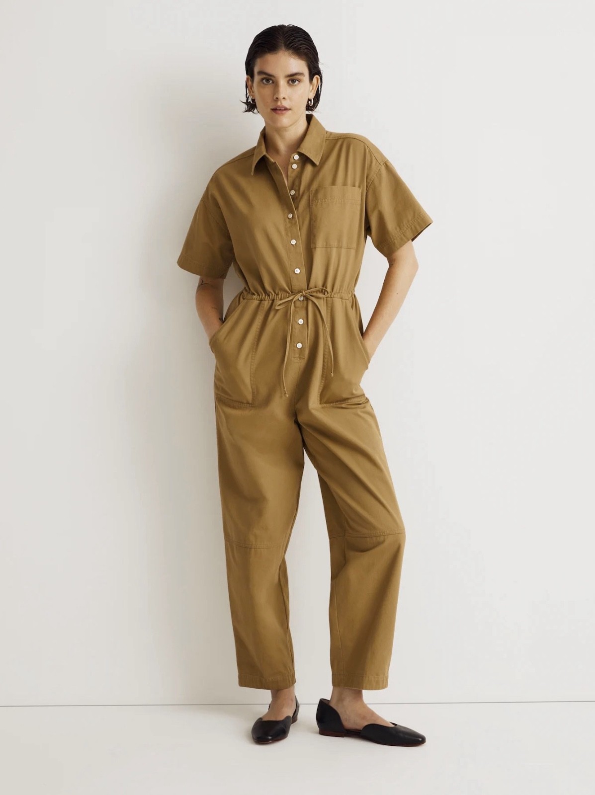 NWT $168 Madewell Tie-Waist Short-Sleeve Oversized Jumpsuit Beige Women Size 2