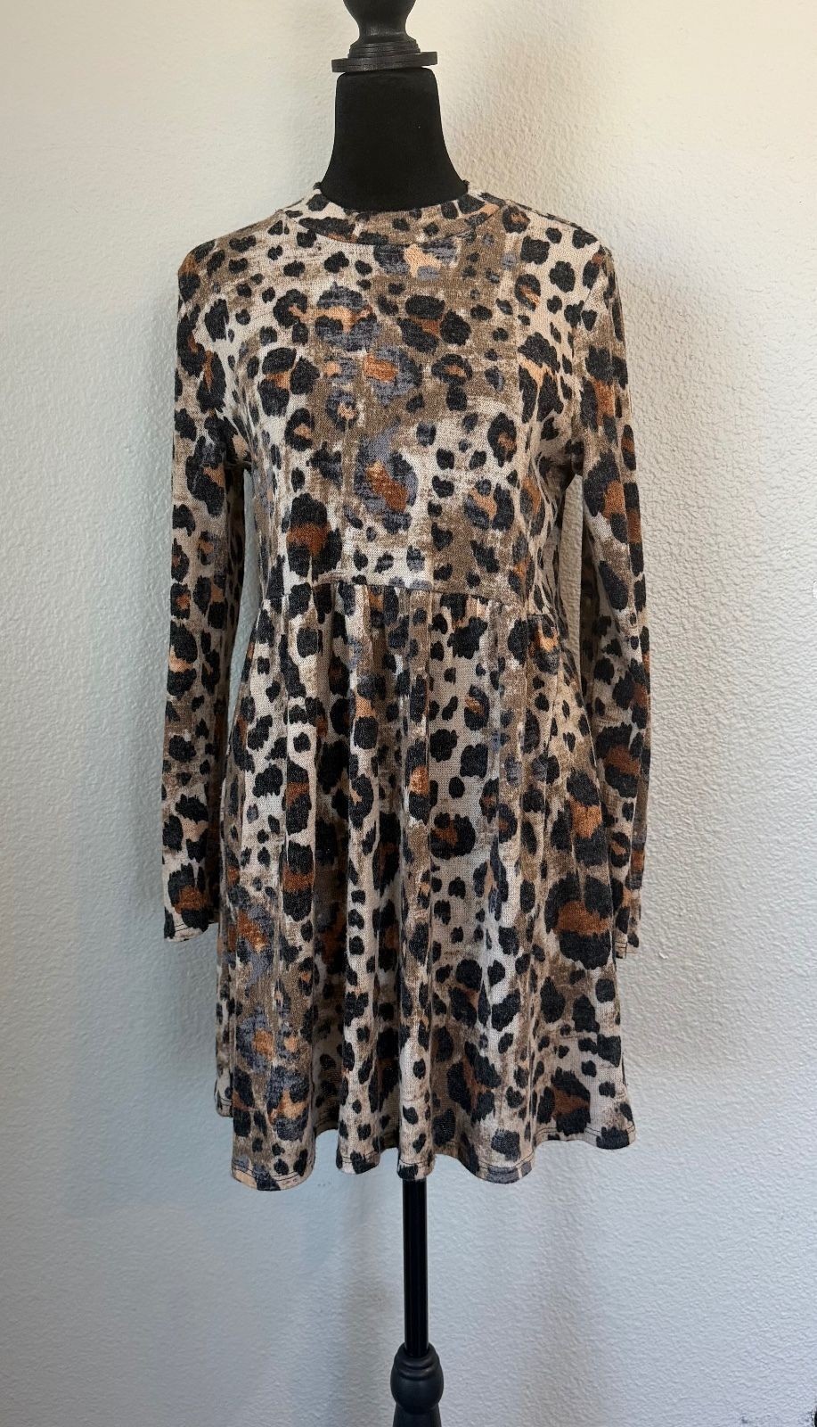 Entro Leopard Print Babydoll Mini Dress Long Sleeve