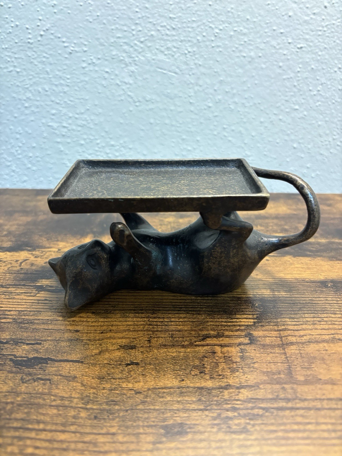 Metal Cat Business Card Holder Trinket Tray Bronze Tone Figurine Desk Decor