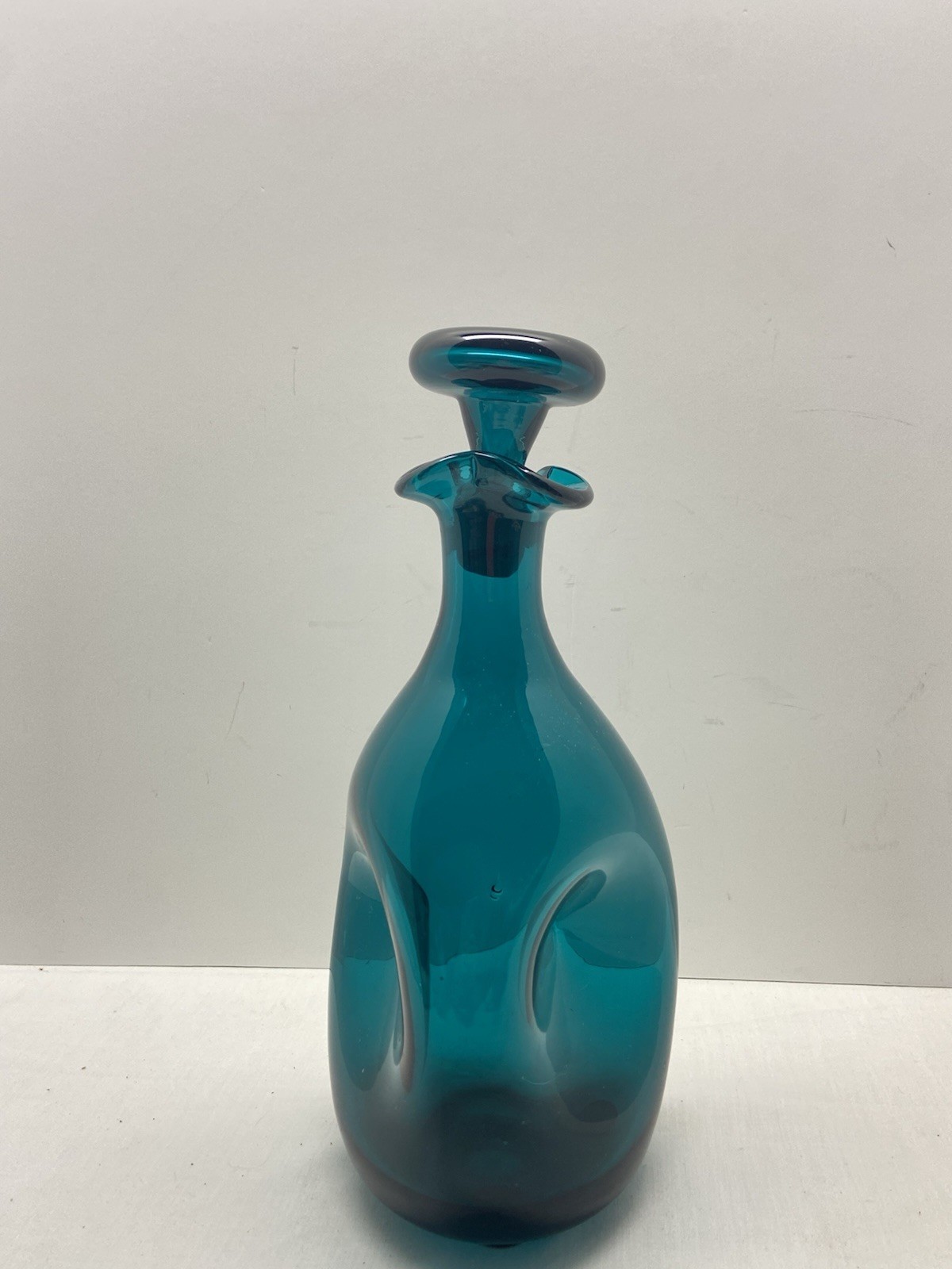 Vtg Blenko Winslow Anderson Blue  dark Turquoise Glass 49 Pinch Decanter Bottle