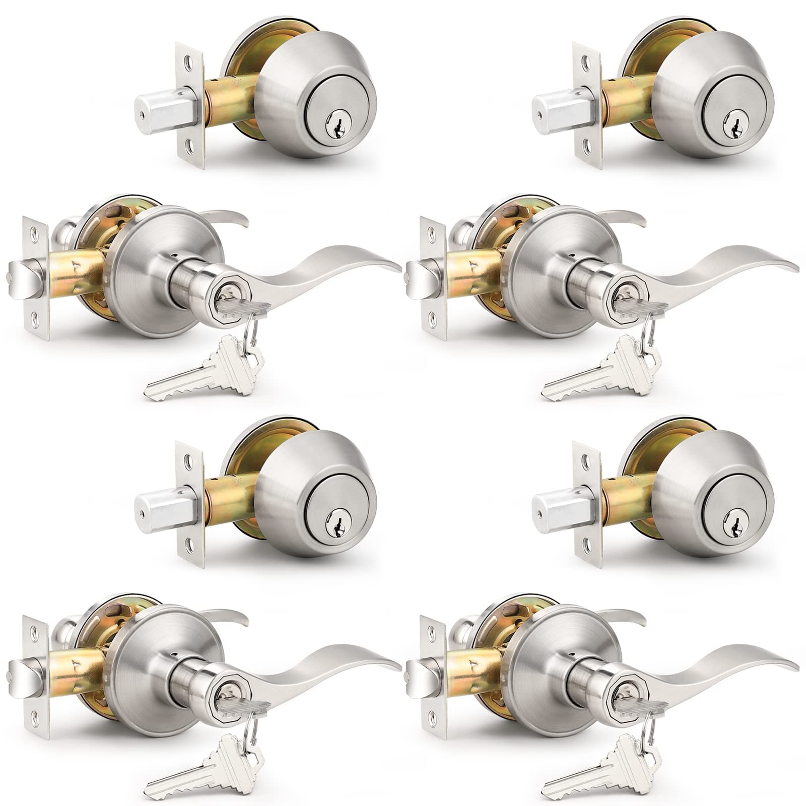 Probrico 4 Pack Keyed Alike Entry Handlset with Single Cylinder Deadbolts Combo