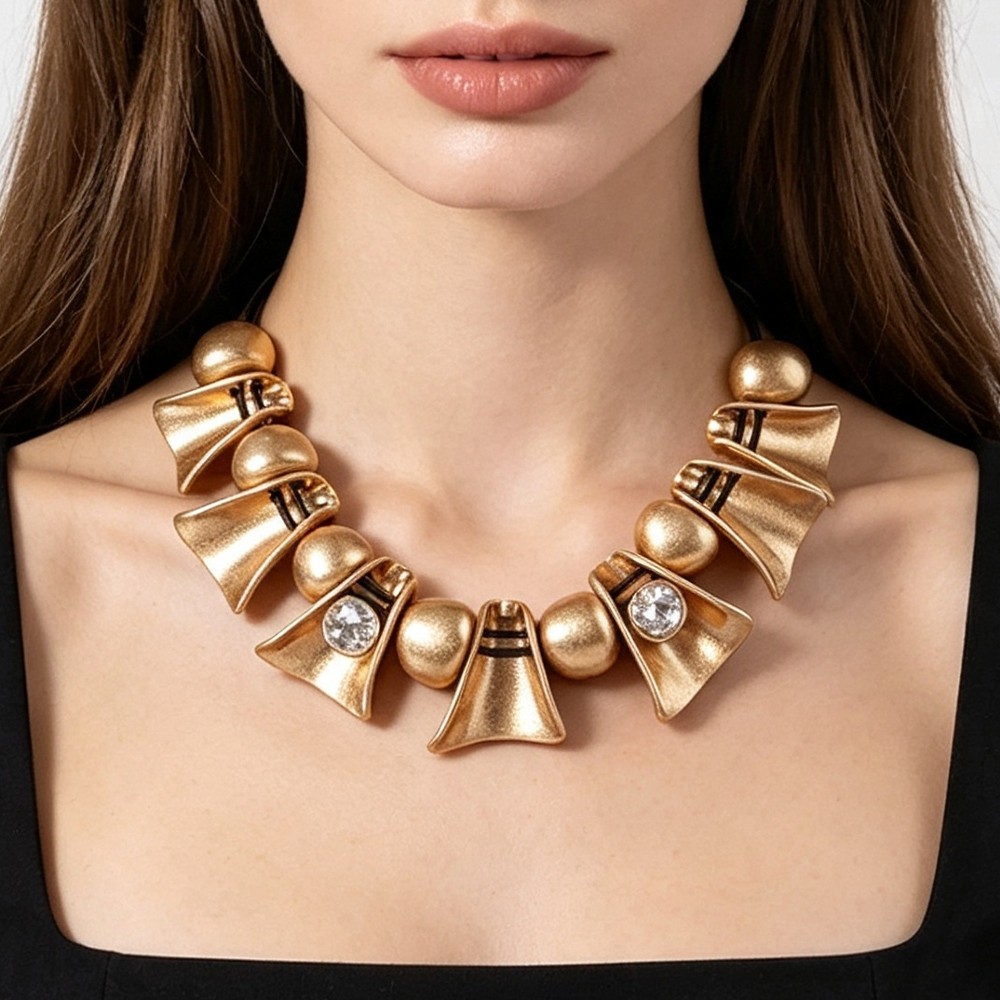 Women\'s Gold Tone Geometric Statement Choker Necklace Matte Beaded Collar Bib Fa