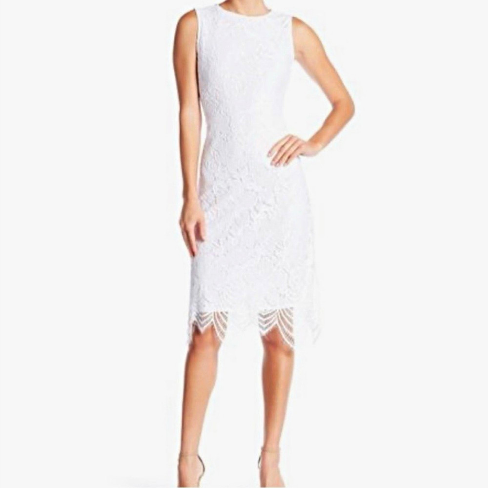 NWT- Sharagano Women\'s White Floral Lace Sheath Dress With Scalloped Hem