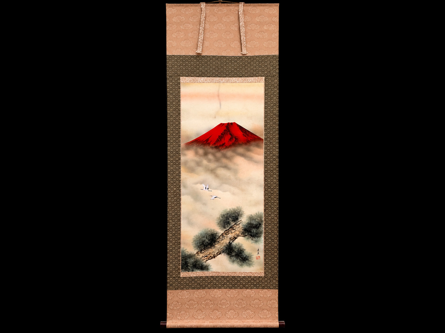 Vintage Japanese Kakejiku Red Mt Fuji Crane Pine Hanging Scroll Akafuji w/ Box