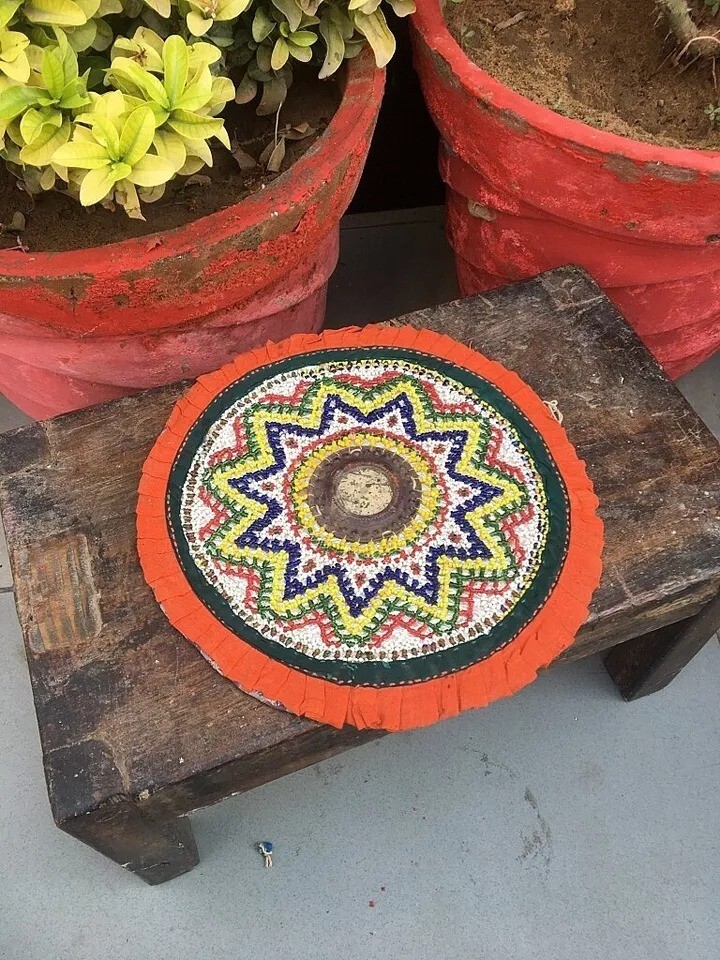 Antique Indian Ethnic Handmade Beads & Mirror Tribal Artwork Table Top Decor