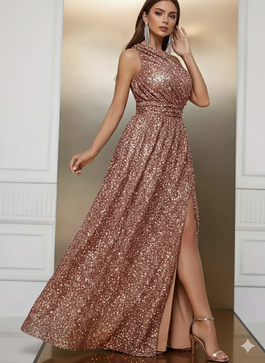 Elegant Rose Gold Sequin Formal Dress - One Shoulder - multiple sizes
