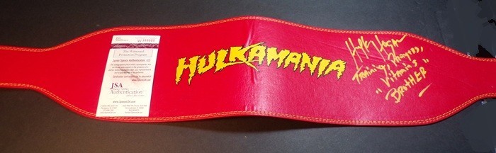 Hulk Hogan Signed Official Hulkamania Weight Belt JSA Cert Rare Inscriptiions Hulk Hogan Signed Official Hulkamania Weight Belt JSA Cert Rare Inscriptiions