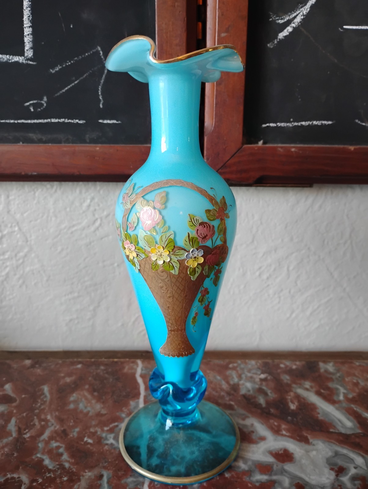 Antique Blue White Cased Art Glass Vase Gold Basket Raised Flowers Fenton ?? Antique Blue White Cased Art Glass Vase Gold Basket Raised Flowers Fenton ??