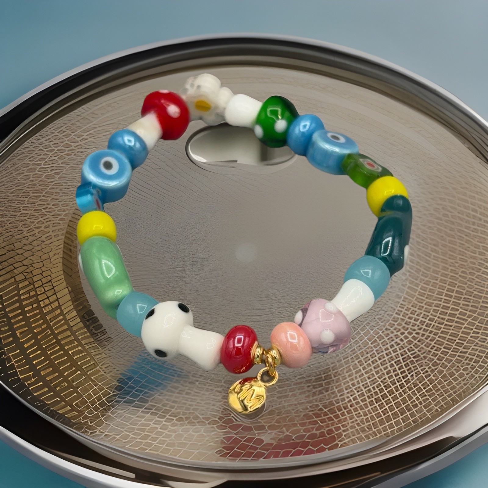 Mayamar Colorful Mushroom Beaded Stretch Bracelet Evil Eye Charm New