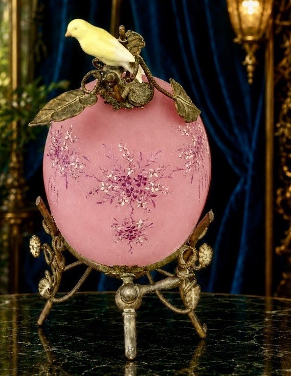 Antique French Pink Opaline Glass Jeweled Perfume Fountain Dispenser Bird 11\