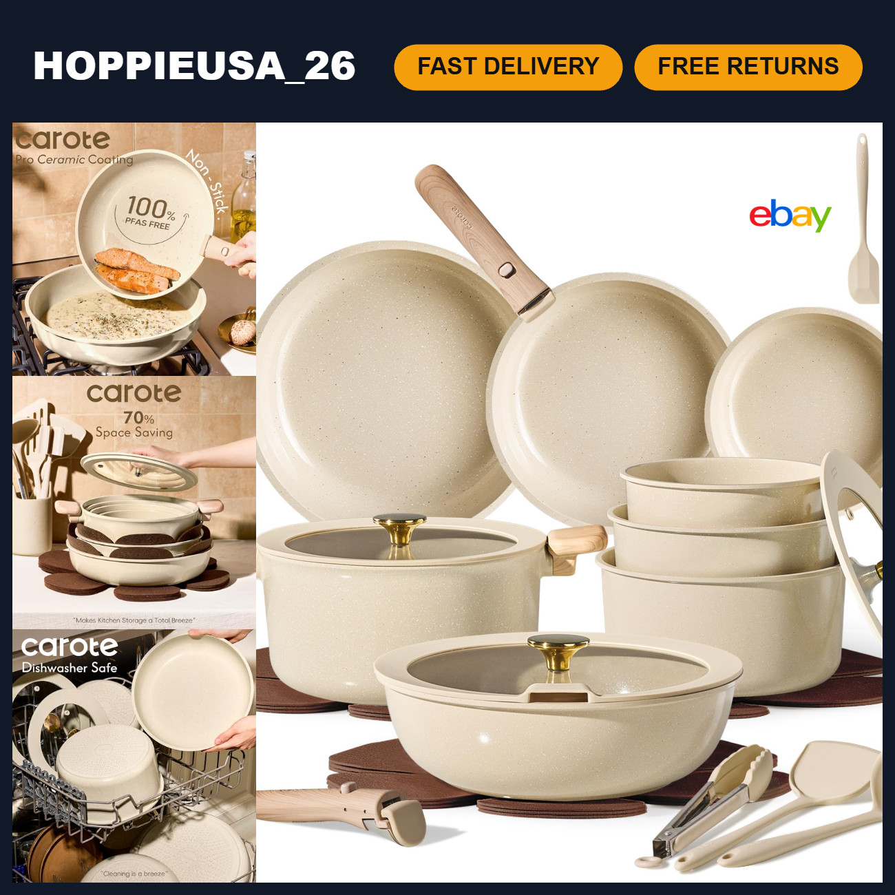 25pcs Ceramic Cookware Set - Non-Stick Pots and Pans with Detachable Handle