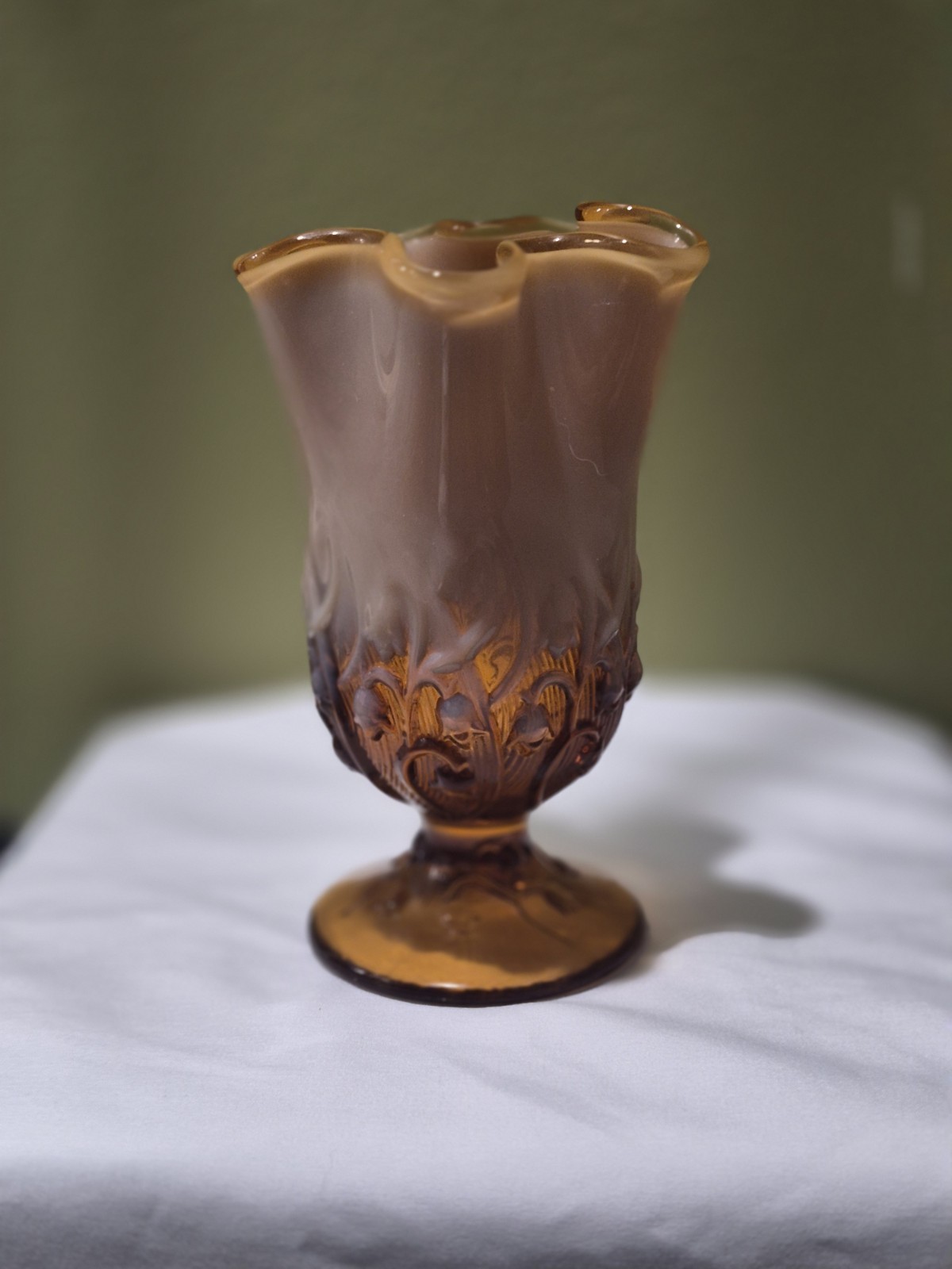Fenton Cameo Lily Of The Valley Vase, Ruffled Rim, Glossy Decorative Finish Fenton Cameo Lily Of The Valley Vase, Ruffled Rim, Glossy Decorative Finish