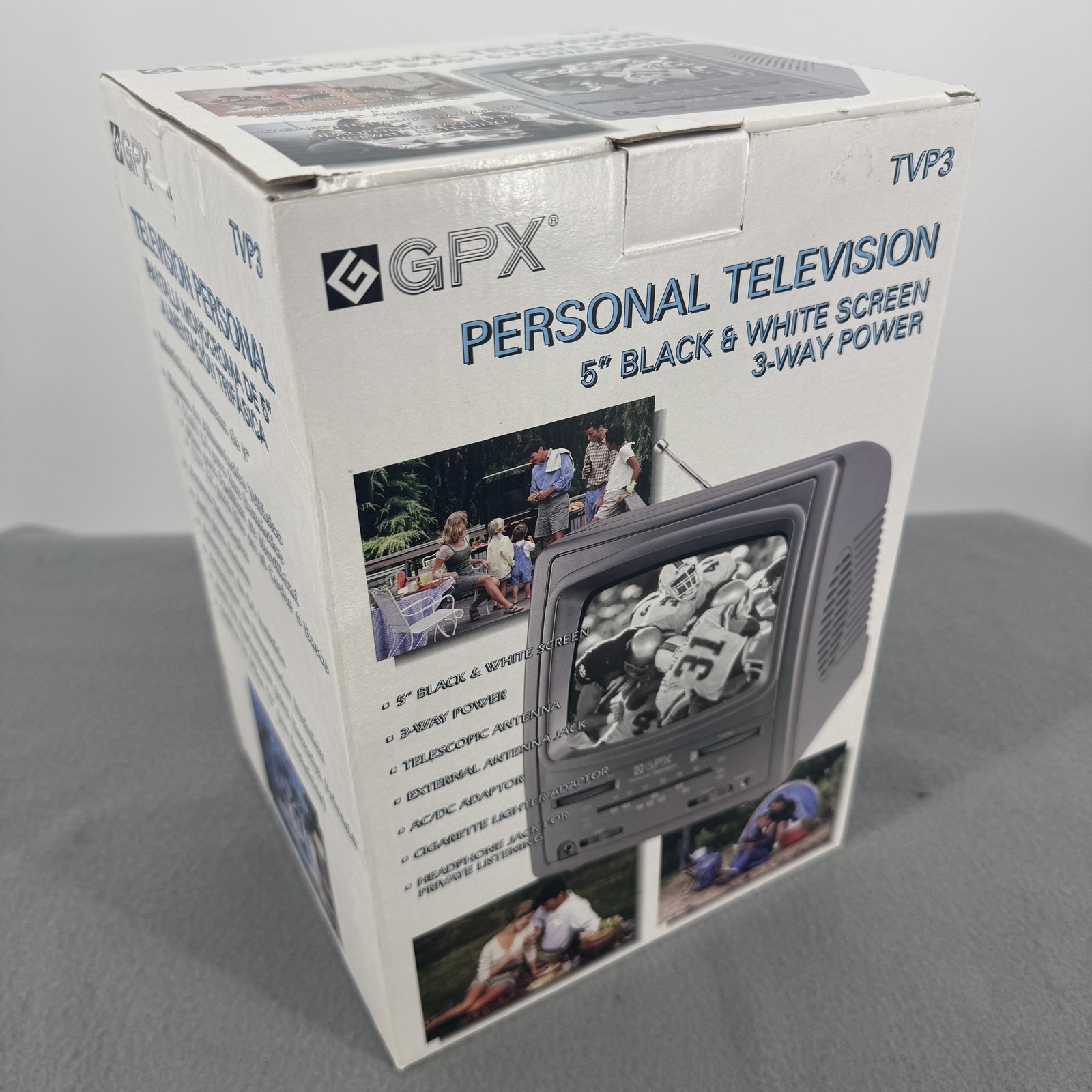 Vintage GPX TVP3 5in Black & White Personal TV 3-Way Battery Power Portable
