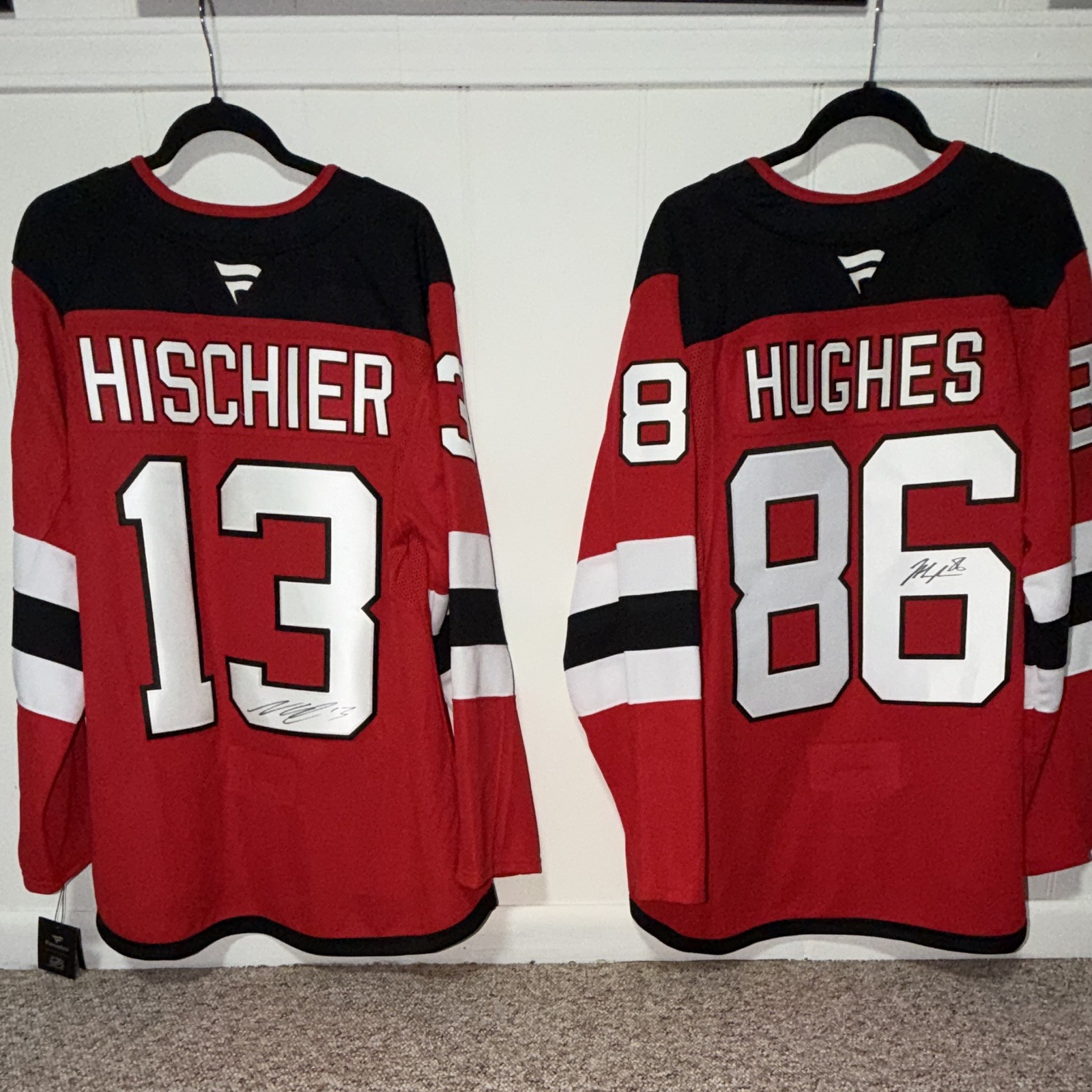 Fanatics New Jersey Devils Hughes #86 & Hischier #13 NHL Jerseys Red/Black 54/56